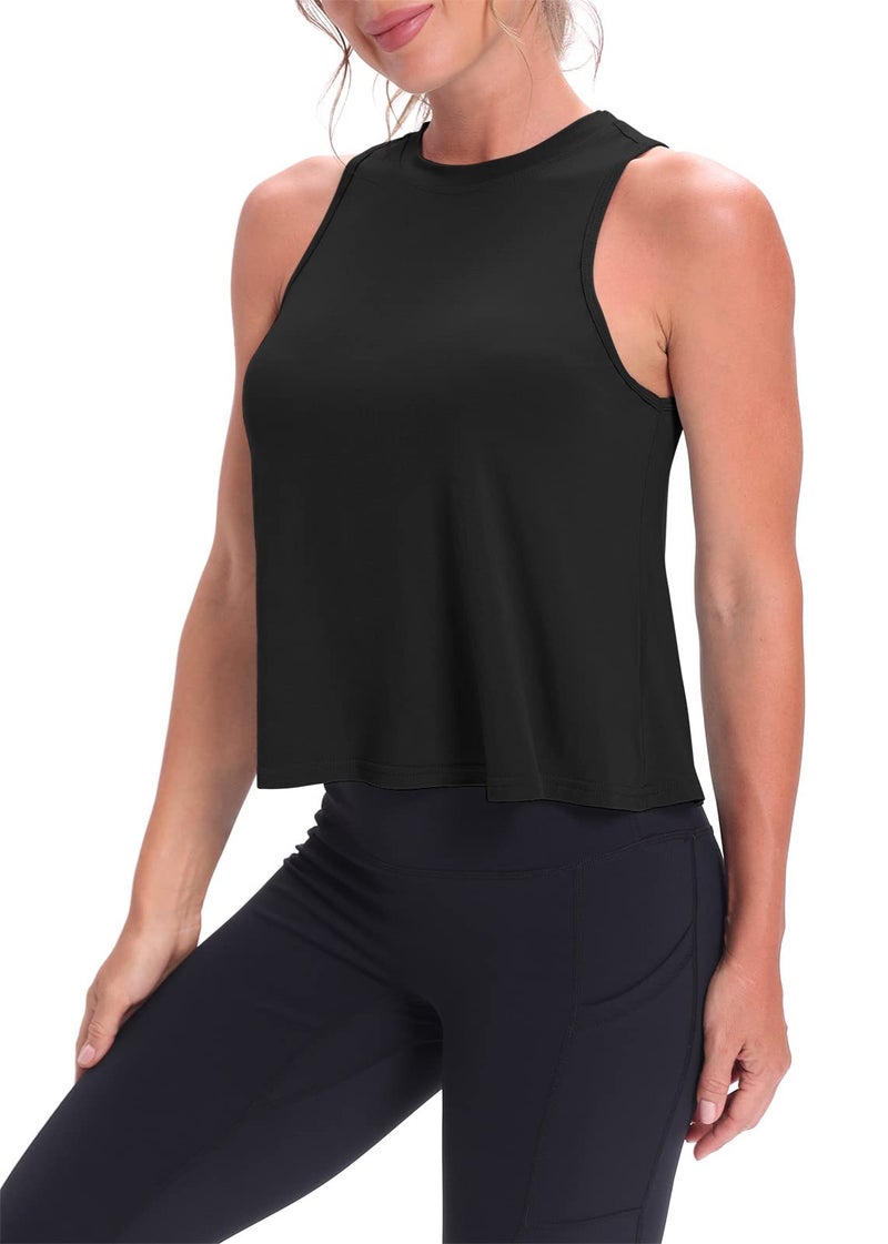 Mippo Cropped Tank Flowy Crop Top Workout Shirts High Neck Tank Athletic Shirts Loose Workout Tops for Women Black XL - Image 5
